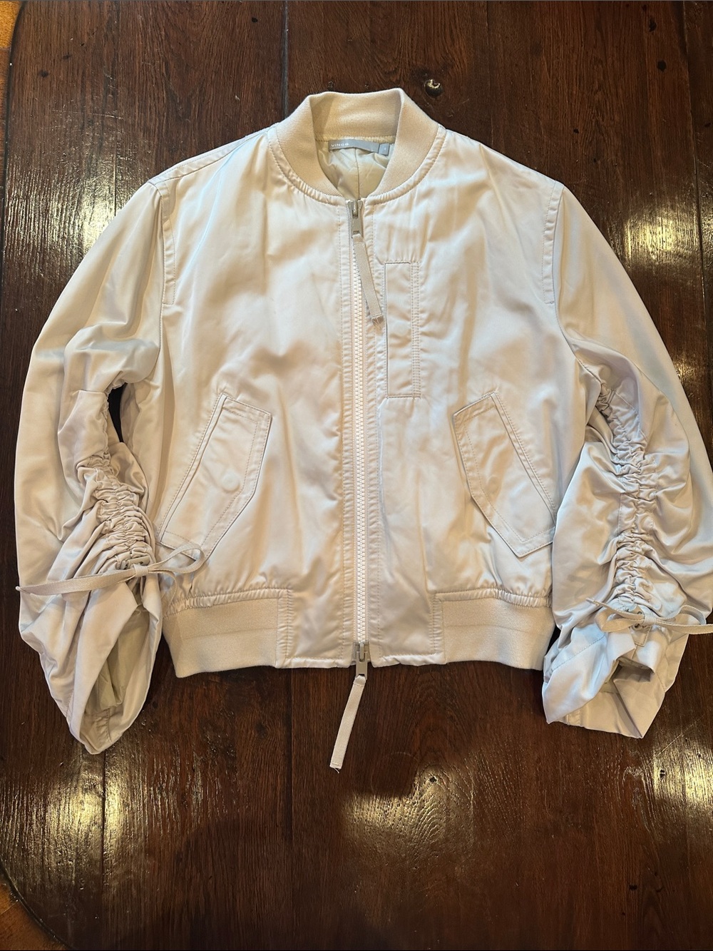 Women's Taupe Ruched-Sleeve Bomber Jacket